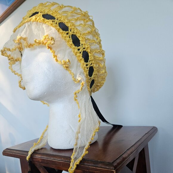 Victorian Yellow Crocheted Sleeping Cap with Black Grosgrain Ribbon main image 7
